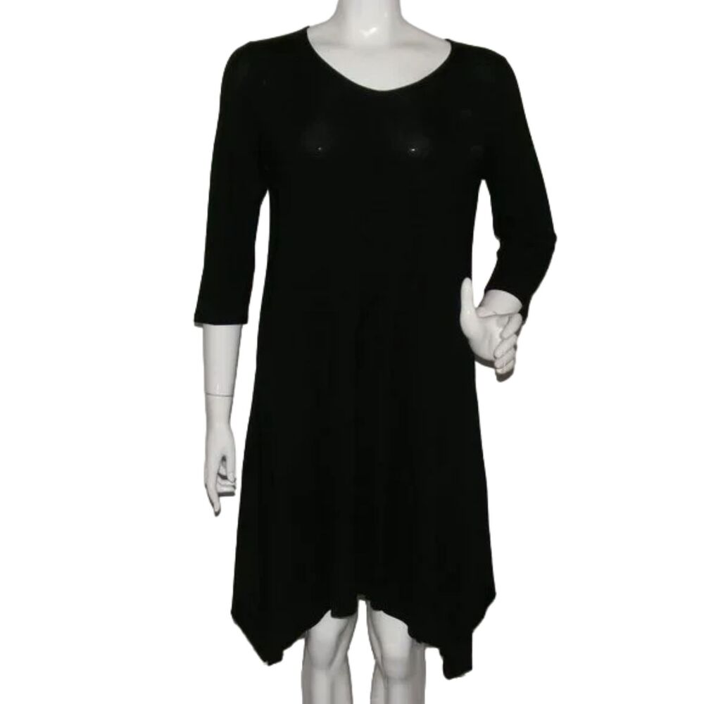 EILEEN FISHER Dress, M, Black Jersey, mid-length sleeves, Viscose, Sharkbite hem